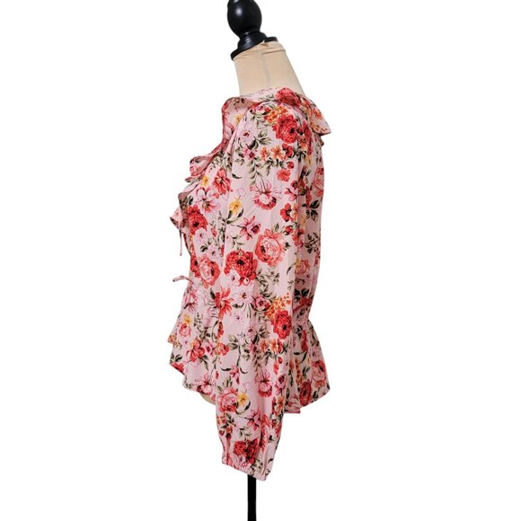 Old Navy Size L  "Bed of Flowers" Pink Floral Ruffle Trim Blouse, NEW with Tag - Picture 5 of 16
